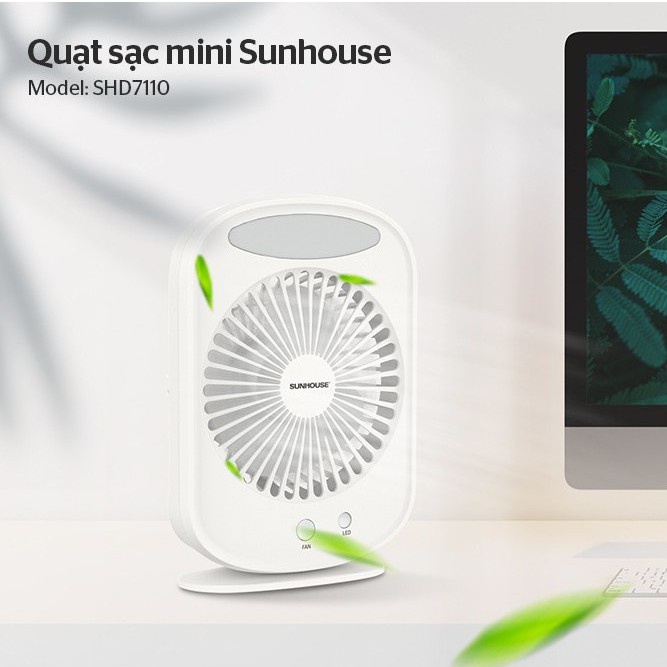 Quạt sạc mini SUNHOUSE SHD7110 , quạt tích điện , tích hợp đèn ngủ , pin trâu - Bảo hành chính hãng