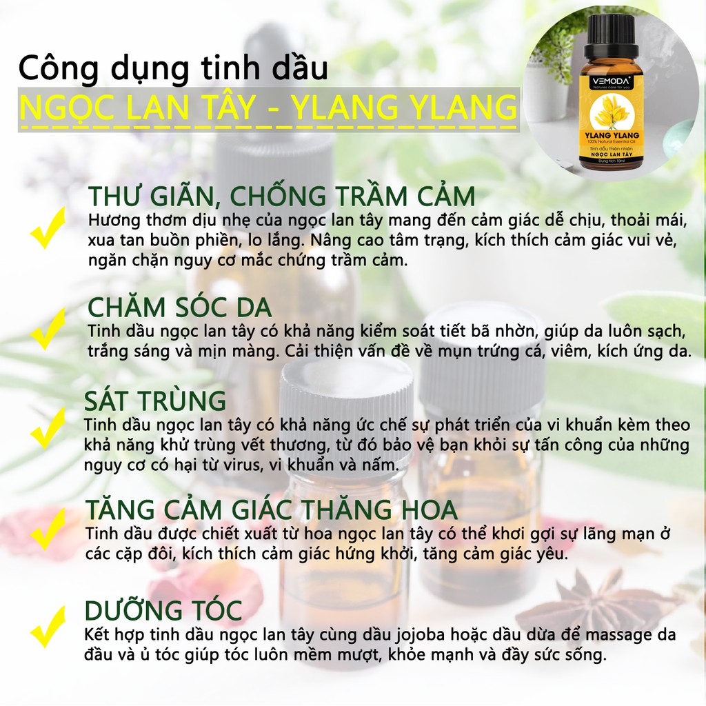 Tinh dầu Ngọc lan tây nguyên chất VEMODA 50ML giúp thơm phòng, thư giãn, chống trầm cảm, sát trùng, dưỡng tóc