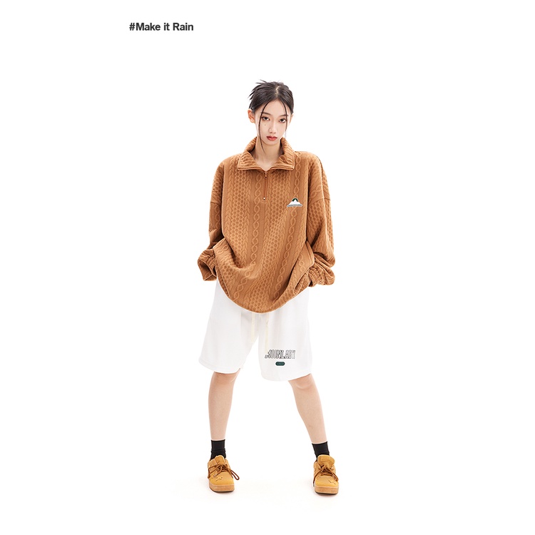 Áo Polo dài tay Make It Rain cổ zip đứng thêu họa tiết phong cách retro