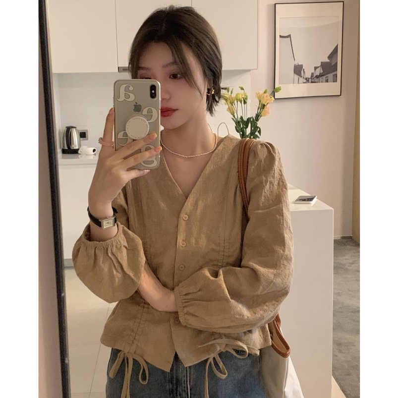 Áo Kiểu Tay Dài Cổ Chữ V Phối Dây Rút Phong Cách Chic Hàn Quốc 2022 Trẻ Trung