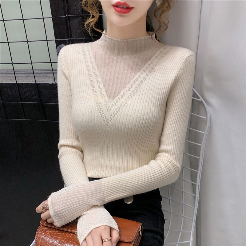 Áo sweater cổ lọ phối ren lưới thời trang thu đông cho nữ