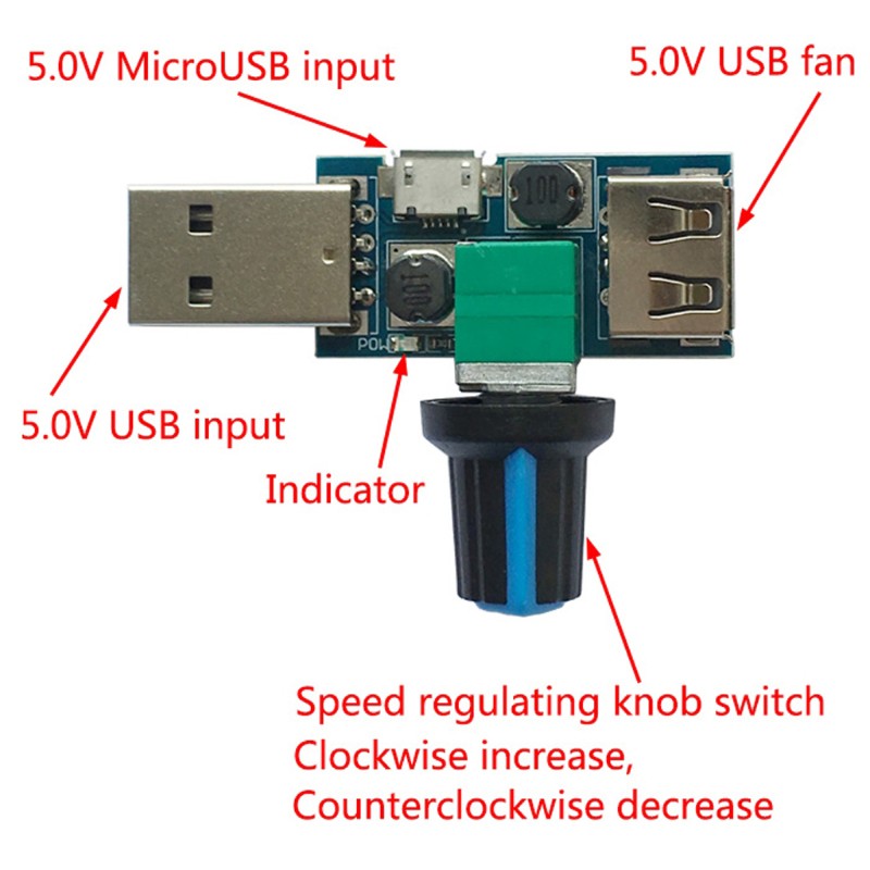 Bộ điều khiển quạt DC 5V Micro USB Bộ điều khiển tốc độ gió Bộ điều chỉnh âm lượng không khí Làm mát Mute Mô-đun chuyển đổi giảm tiếng ồn