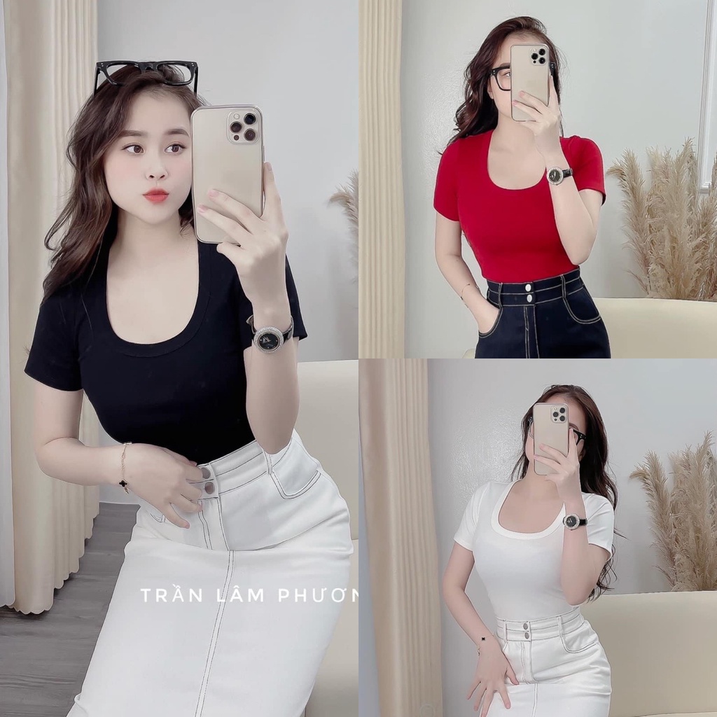 Áo thun cổ U ngắn tay chất đẹp co dãn 3 màu trắng, đen, đỏ