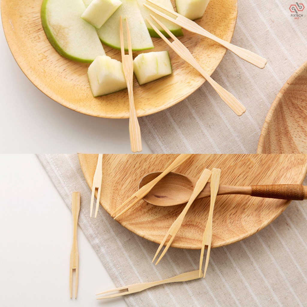 Fruit Fork Dessert Bamboo Forks Mini Food Picks Kitchen Set Salad Snack Banquet Buffet Catering Two Prongs Blunt End Toothpicks 100PCS