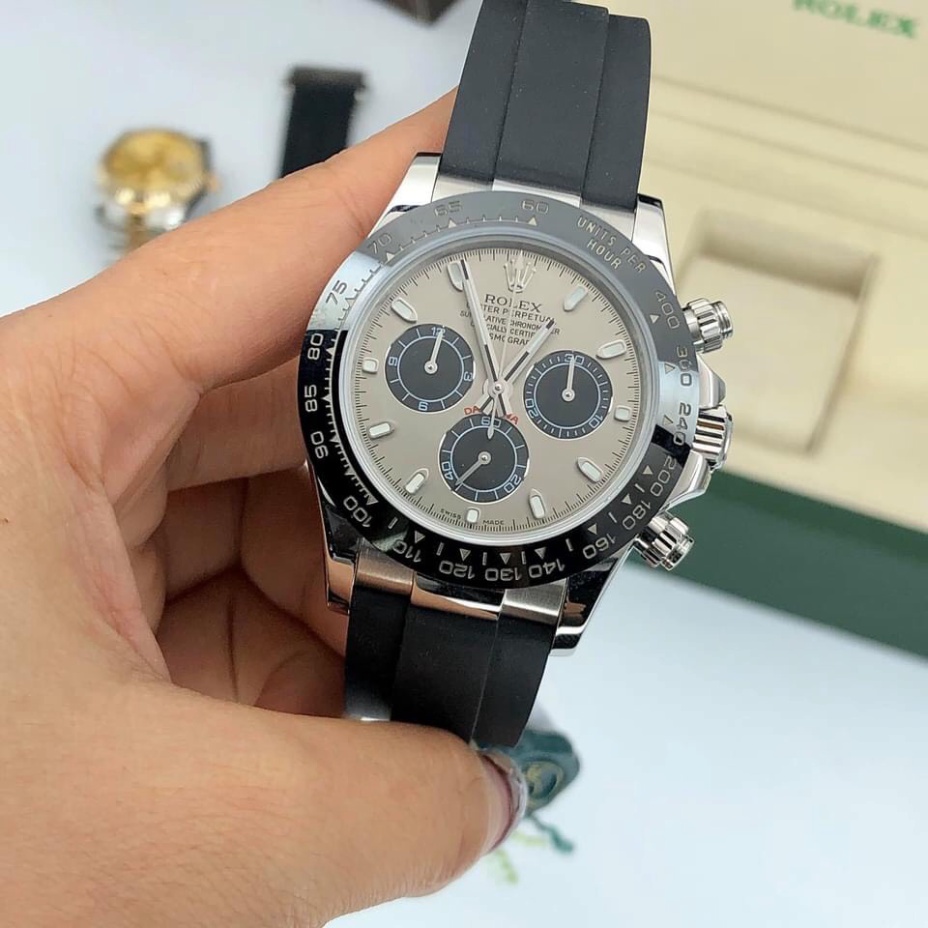 Đồng hồ Nam Ro  lex máy nhật 3 nút KIM DẠ QUANG mặt xám dây cao su size 41-42 mm