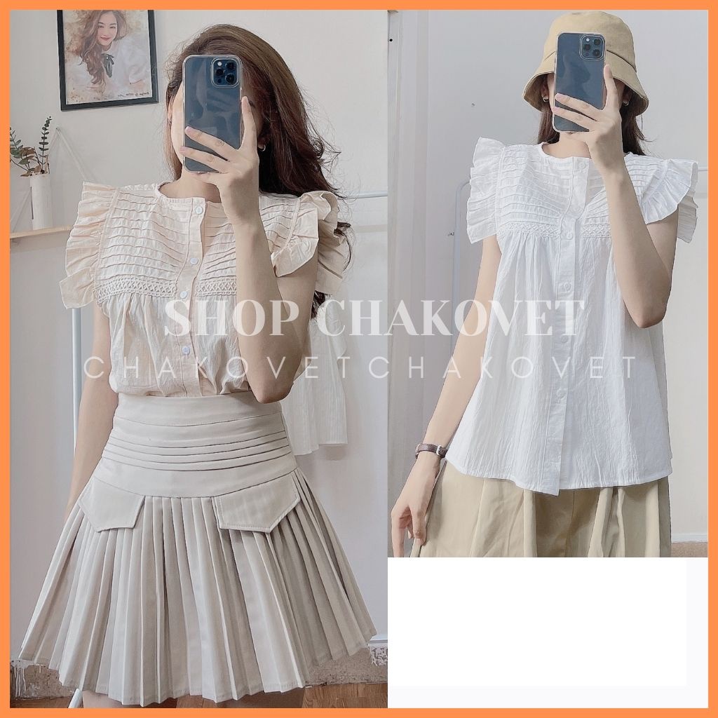 Áo sơ mi nữ tay cánh tiên style hàn quốc CKA839, kiểu áo nữ dáng babydoll tiểu thư (mặc 2 kiểu) cổ tròn phối ren xếp ly