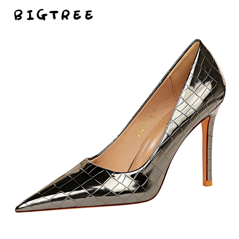 BIGTREE Chính Hãng Giày Cao Gót 10.5cm Mall-9611-7 Mũi Nhọn Miệng Nông Họa Tiết Vân Đá Bằng Kim Loại Phong Cách Retro Quyến Rũ Cho Nữ