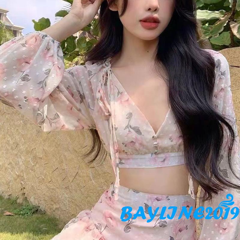 BAY-Women Summer Clothes, Long Sleeve Deep V Neck Floral Crop Tops /Mini Skirt