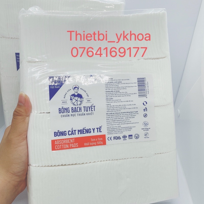 Bông Y Tế Cắt Miếng 7x7 gói 500gr - Hàng chính hãng Bông Bạch Tuyết - Bông - Bông vệ sinh cho bé , Bông dùng cho spa