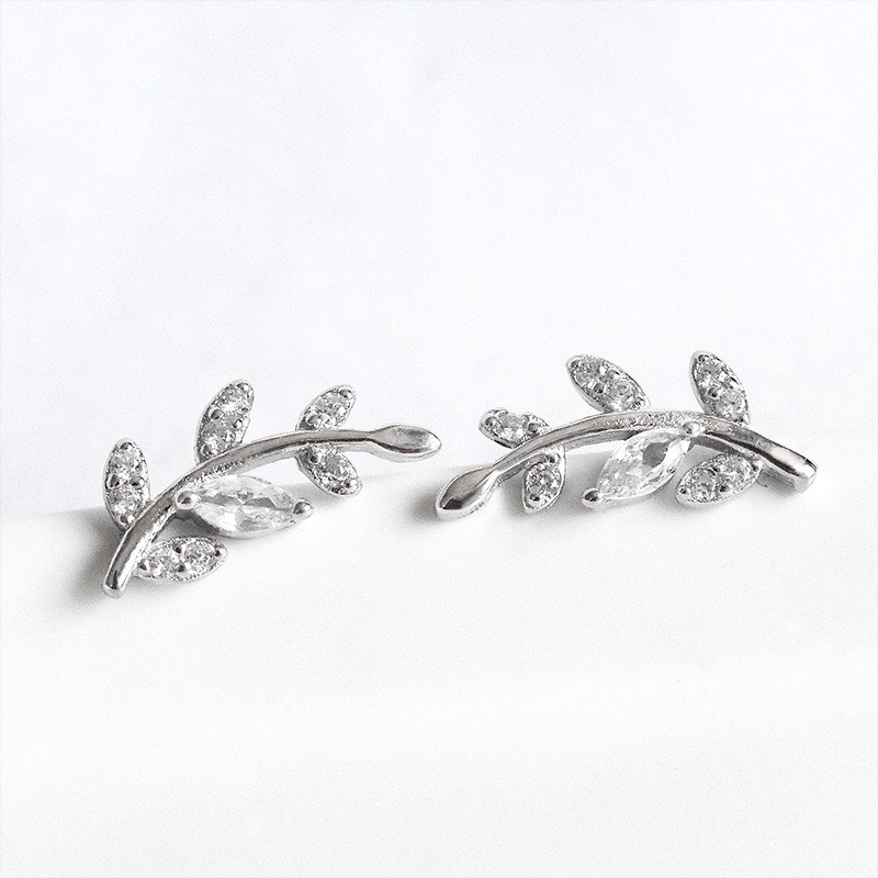 Bông tai AURA bạc, khuyên tai lá ô liu đính đá thanh lịch cho nữ-AURASILVER-KT06