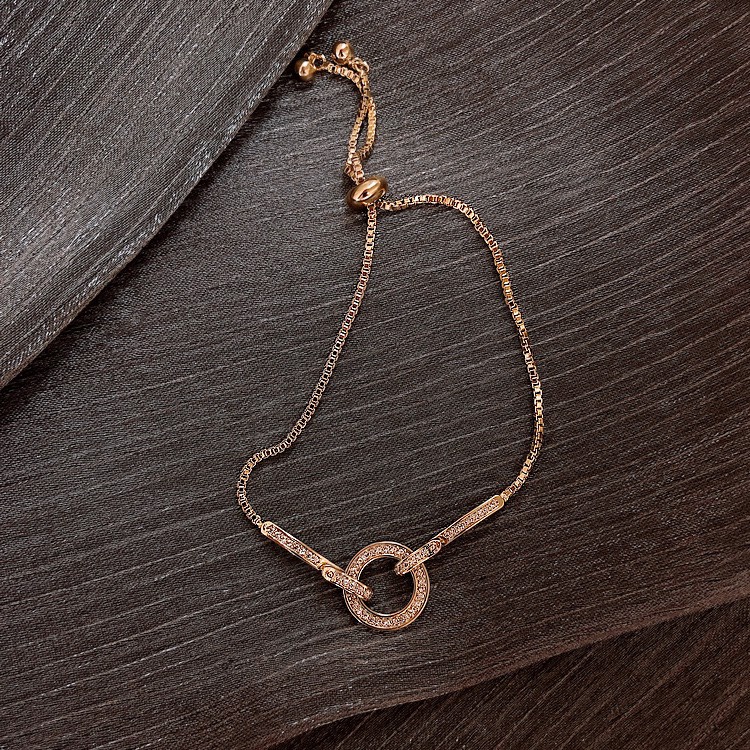 Lắc tay mặt tròn đính đá zircon JUNE Vòng tay hình tròn đính đá có dây rút chỉnh kích thước thông minh Vintage