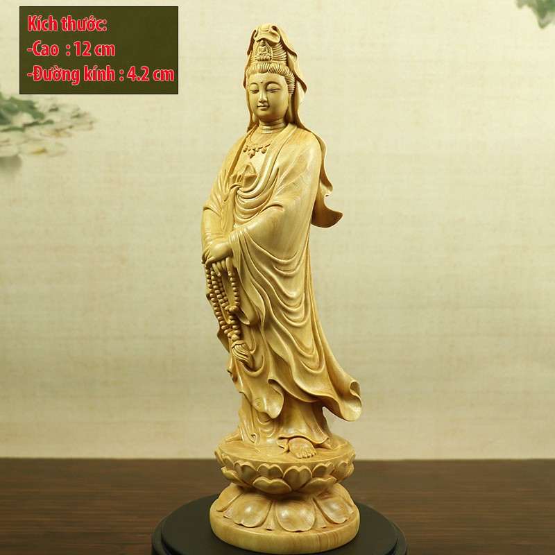 Tượng Phật Quan Âm bằng gỗ Hoàng Dương ( Cao 12cm) - Tượng để xe ô tô + Tặng kèm hồ lô đựng nước hoa treo xe