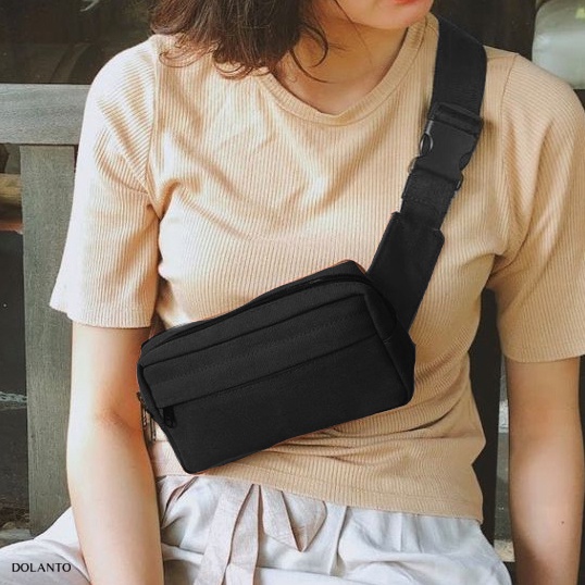 Túi Đeo Chéo Đen BumBag Nhỏ Du Lịch Thời Trang Vải Canvas Cao Cấp Chống Thấm Nước Tiện Rẻ Bao Tử Bụng Nam Nữ DOLANTO