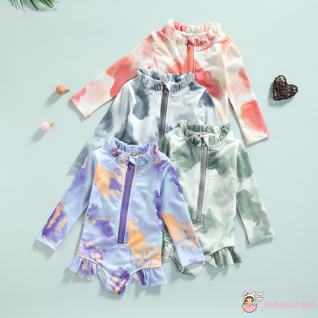 Bộ Đồ Bơi Liền Thân Tay Dài Cổ Tròn Màu Nhuộm Có Khóa Kéo Và Diềm Xếp Nếp Cho Bé Gái