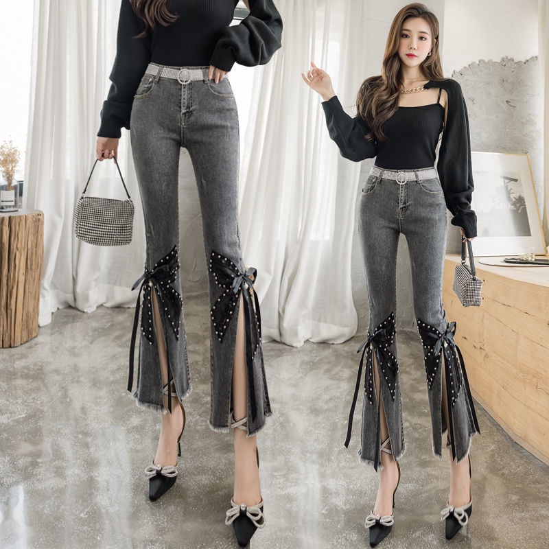Quần Jean Xám Khói Lưng Cao Co Giãn Vừa Vặn Phù Hợp Với Mọi Loại Quần Ống Loe Mắt Cá Chân Đính Hạt Mới Cho Nữ