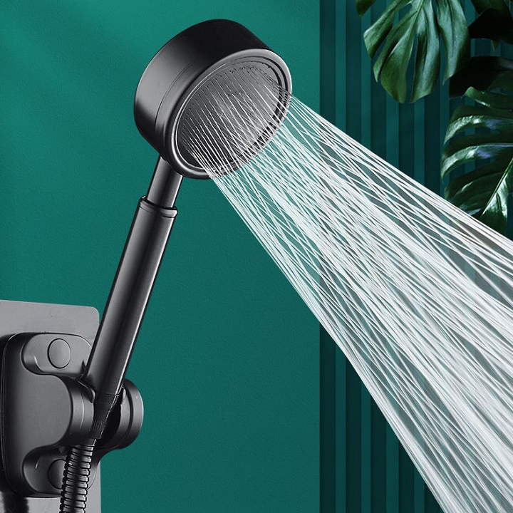 Bộ vòi sen tăng áp inox 304 sơn tĩnh điện Đen - chống rỉ sét, Tia nước xoáy hình tháp (tay sen + dây đen + cài đen)