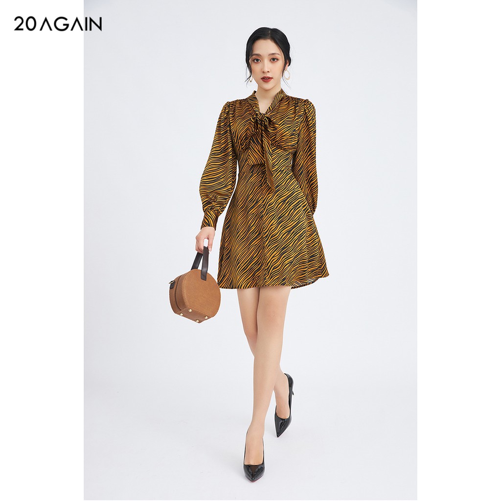 Đầm váy nữ công sở 20AGAIN đủ màu, đủ size, dài tay cổ nơ họa tiết DEC0060