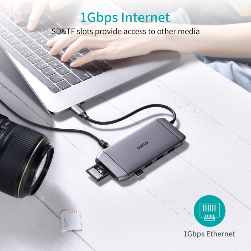 HUB Chuyển Đổi 9 in 1 Type C To HDMI 4K/ PD 100W/ USB 3.0/ Rj45 Ethernet/ VGA/ TF/ SD CHOETECH HUB-M15 - Hàng Chính Hãng