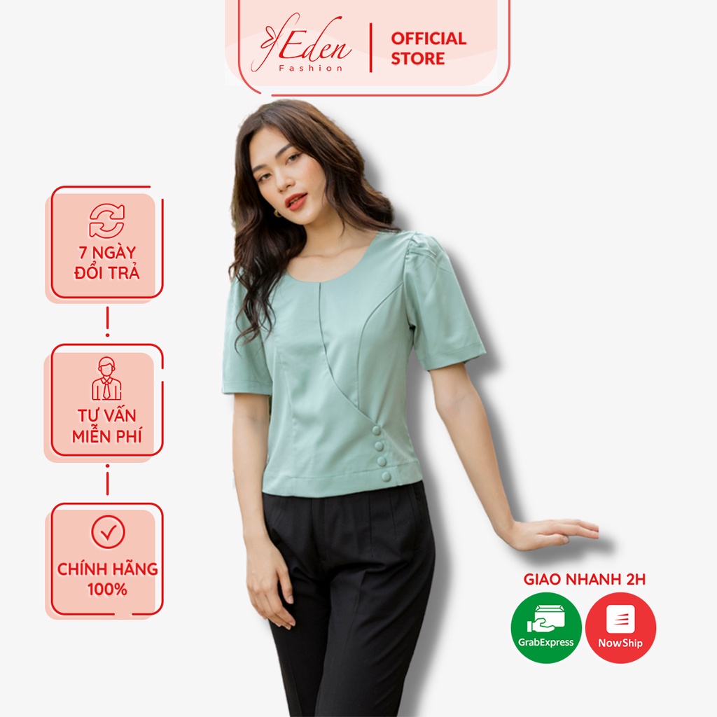 Áo kiểu nữ công sở kiểu ngắn ngực đắp chéo Thời Trang Eden tay ngắn xếp li vai phối nút eo chất liệu mềm mịn - ASM170