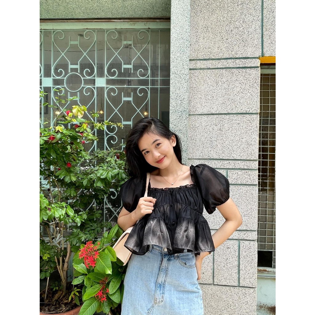 TheBlueTshirt - Áo Kiểu Tay Phồng Màu Đen - Mary Jane Top - Black