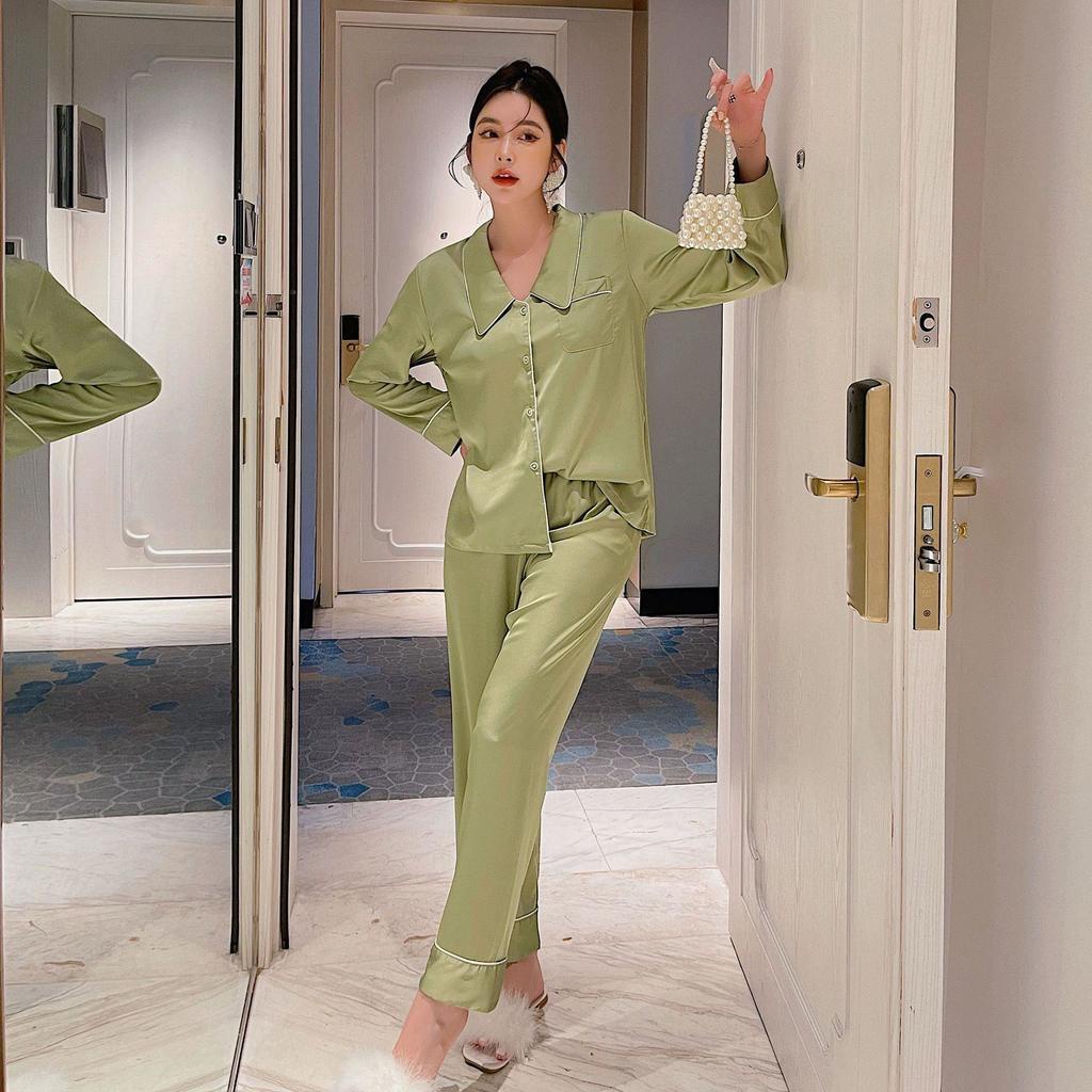 Bộ Đồ Ngủ Tay Dài Chất Lụa Thời Trang Thu Đông Quyến Rũ Cho Nữ