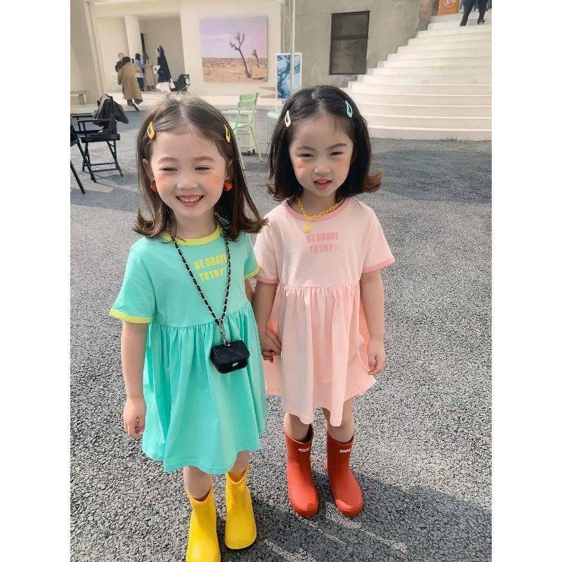 Đầm tay ngắn cotton cổ tròn phong cách Hàn Quốc cho bé gái