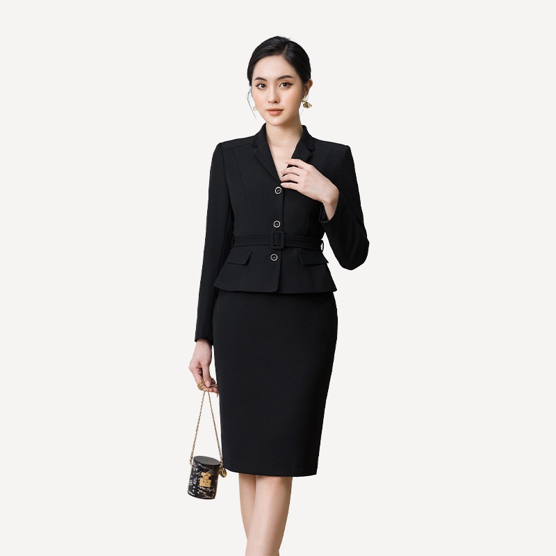 Bộ đồ Vest đen: Áo cổ K thắt đai eo + Chân váy ôm Toson B8357B31