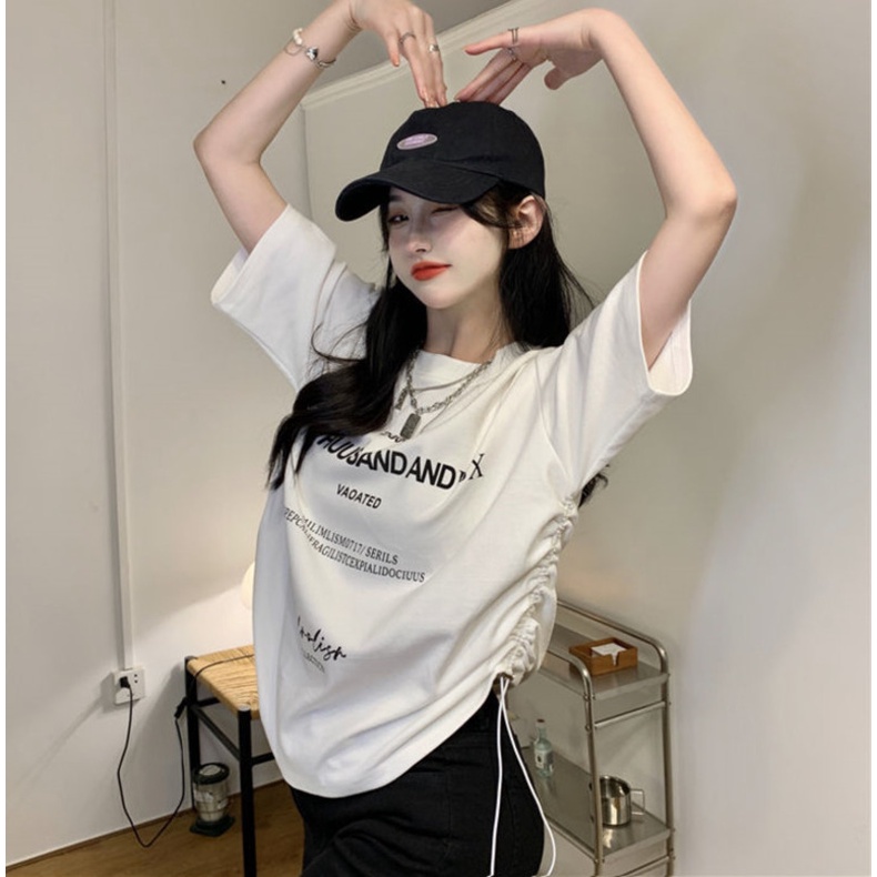 Áo Thun Tay Ngắn In Chữ Phối Dây Rút Thời Trang Cá Tính