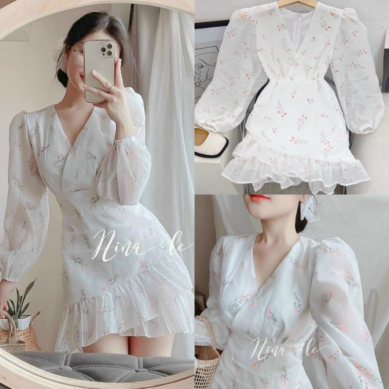 Đầm voan trắng hoa nhí tay dài bồng/phồng đắp chéo ngực, thời trang nữ/teen/hot girl/tiểu thư dễ thương đi chơi dạo phố