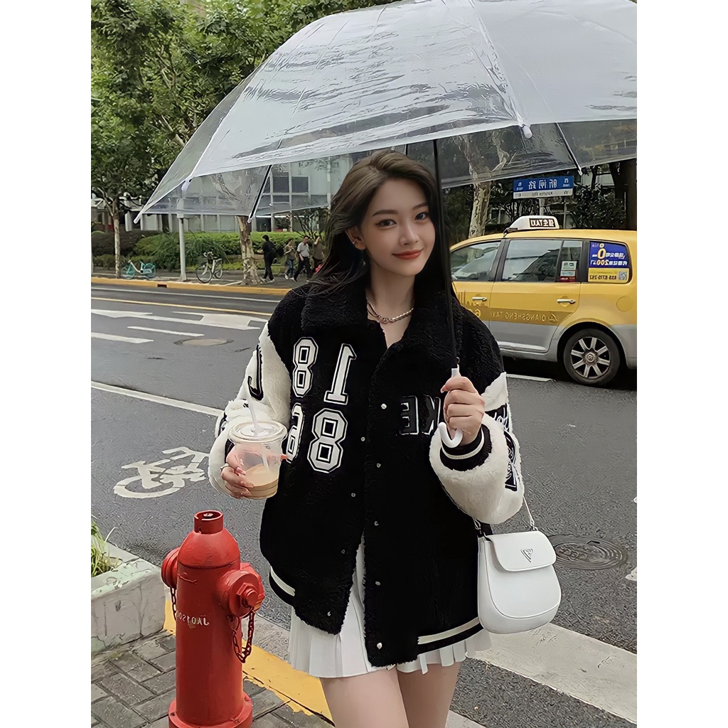 Áo Khoác Lông Nữ 1886 Dáng Lỡ 🦋 Áo Lông Nữ Cổ Bẻ Dài Tay Chữ Thêu 🦋