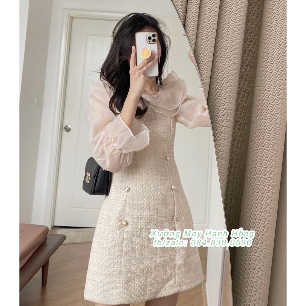 Váy dạ tweed trắng sữa tay bồng cổ bèo tiểu thư - Xưởng May Hạnh Hồng | BigBuy360 - bigbuy360.vn