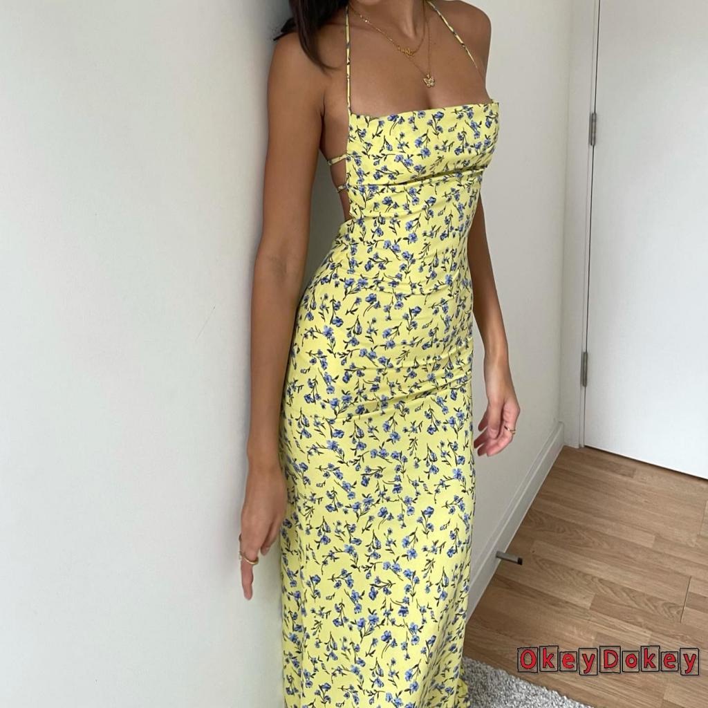 OKDK-Women´s Dress Floral Print Sleeveless Halter Tie Design Open Back Side High Slit Summer Dress