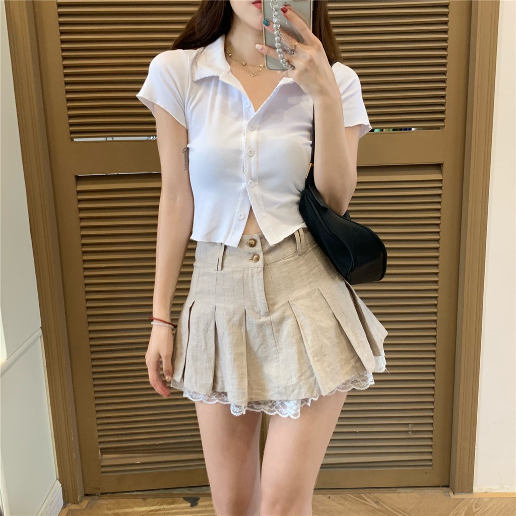Set Áo Sơ Mi Lửng Ngắn Tay + Chân Váy Chữ A Xếp Ly Thời Trang Nữ | BigBuy360 - bigbuy360.vn