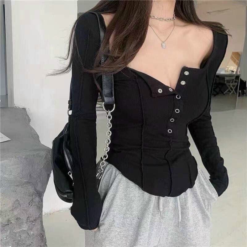 Áo thun tăm mở cúc vạt bầu dài tay sexy
