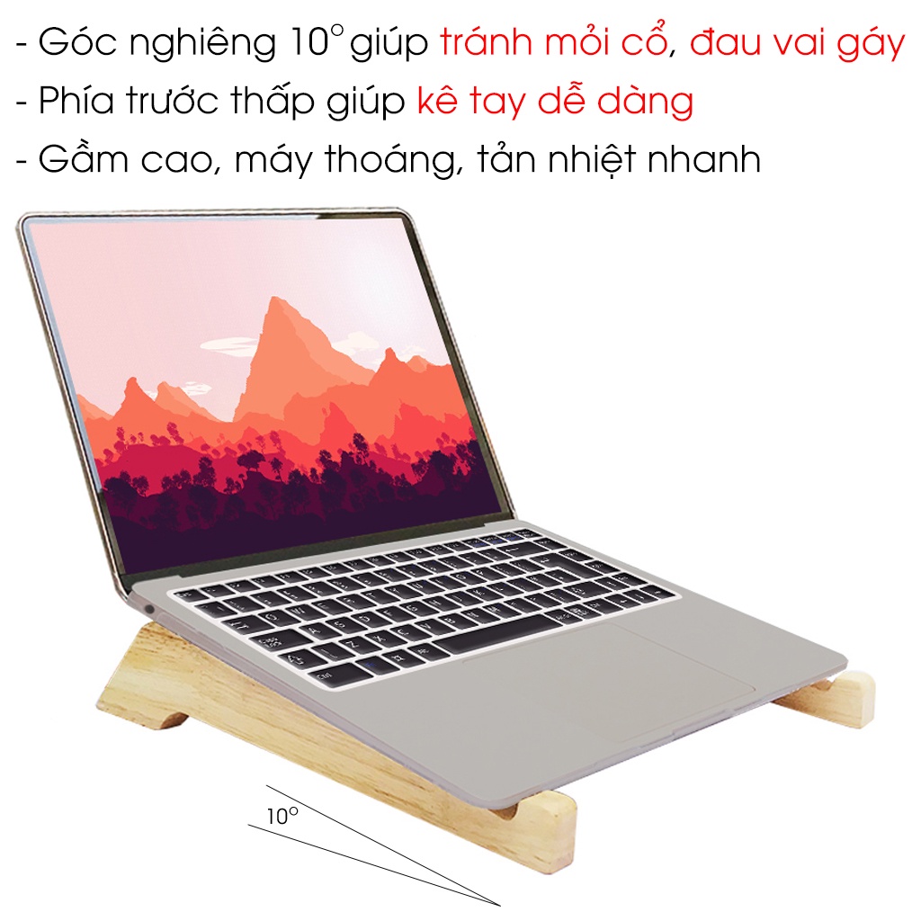 Kệ kê laptop tản nhiệt, giá đỡ laptop gỗ, đế laptop gỗ tự nhiên cho máy tính từ 14 -15.6 inch