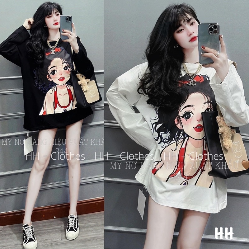 Áo thun form rộng phối họa tiết in hoạt hình tay ngắn hàng QC!