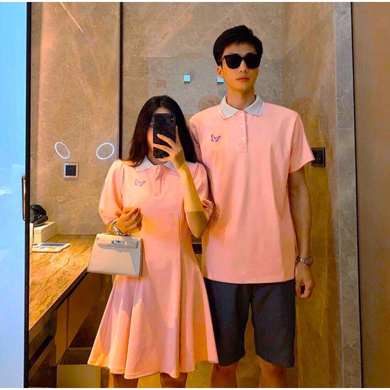 ( Có ảnh thật) Áo váy thun đôi polo màu hồng hoạ tiết xinh được thêu tỉ mỉ