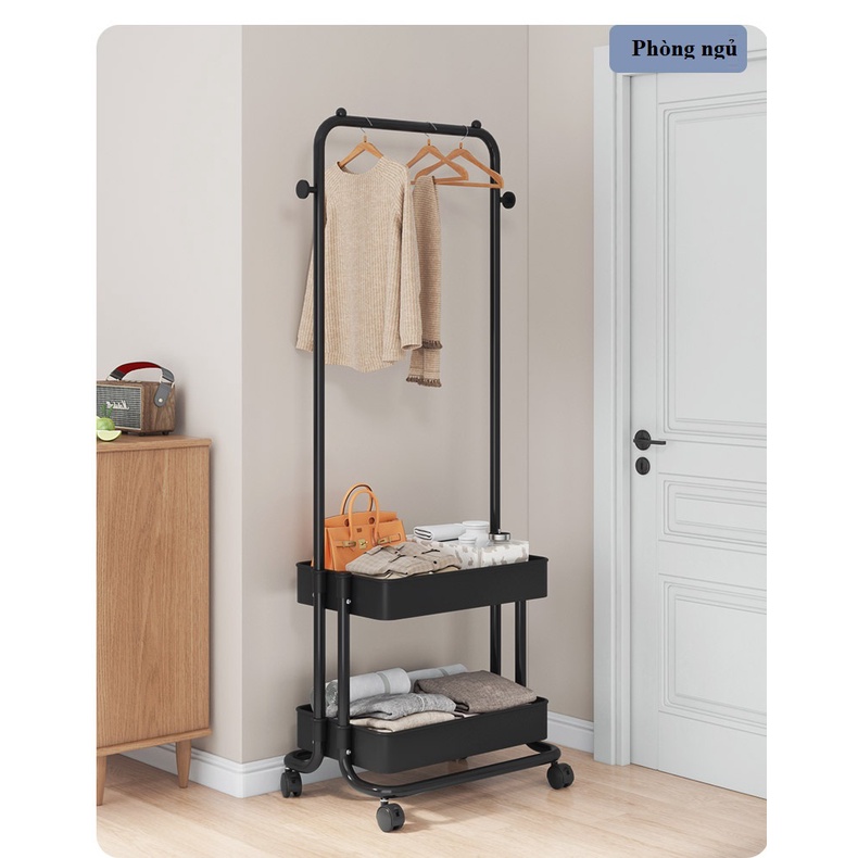 Giá Treo Quần Áo 2 Tầng Có Bánh Xe, Kệ Treo Quần Áo Dùng Cho Phòng Ngủ, Phòng Khách, Livetream, Spa