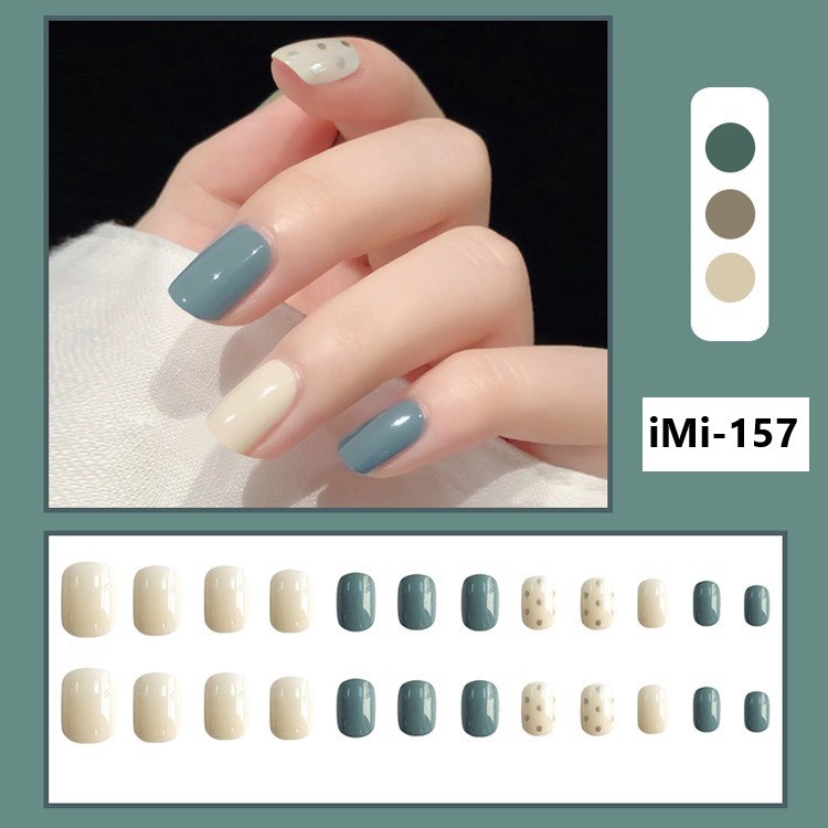 Set 24 móng tay giả xanh trắng chấm bi kèm keo dán 157