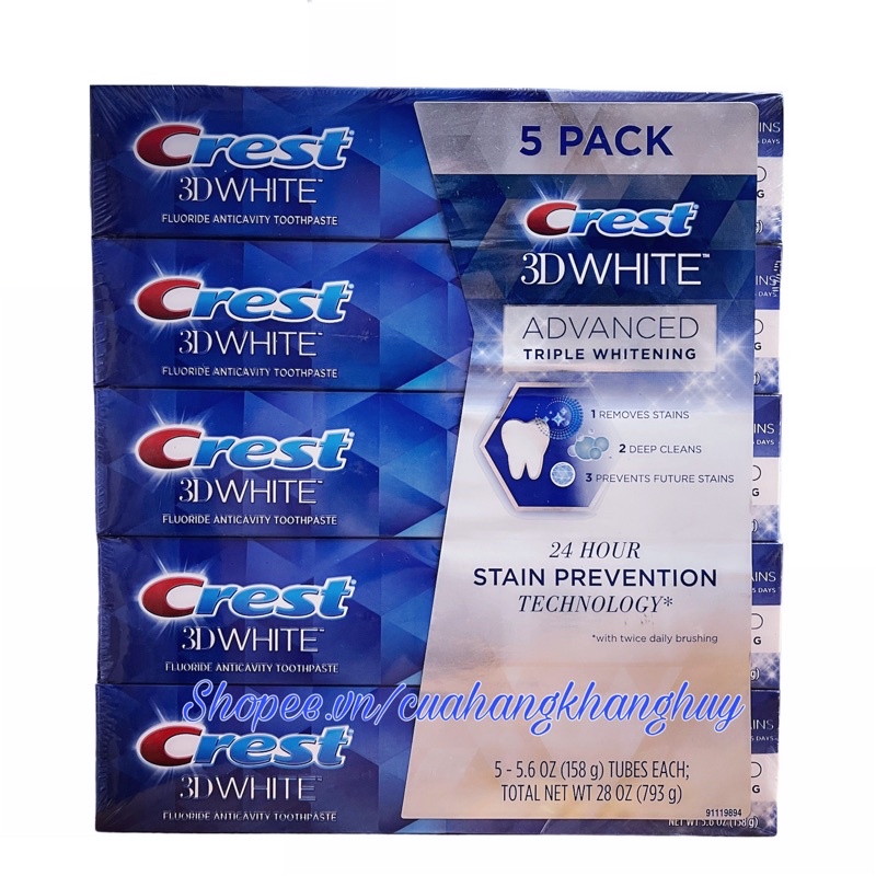 Kem đánh răng Crest 3D White Advanced Triple Whitening, 5 tuýp x 158 g (Mỹ)