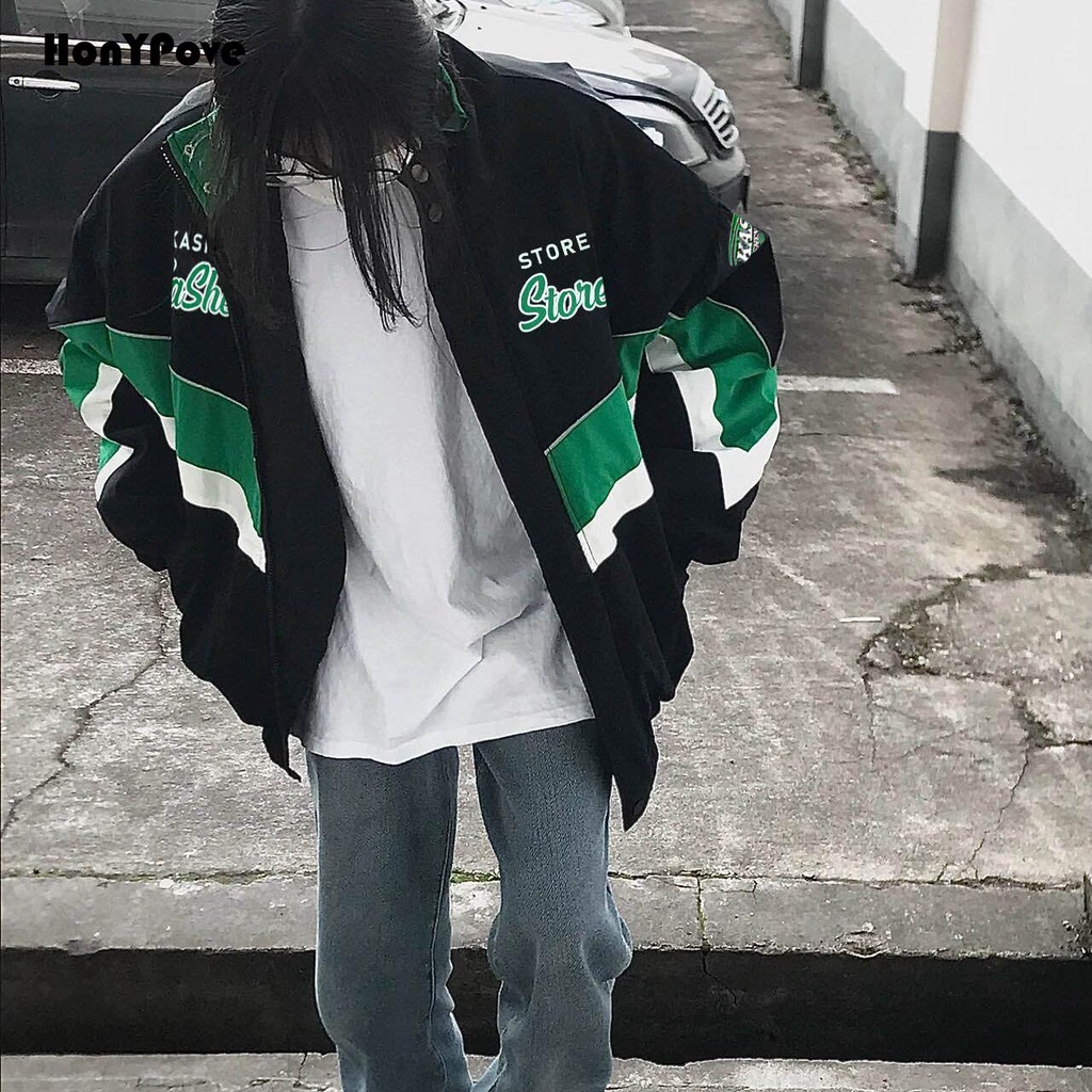 Honypove Áo Khoác Bomber Cổ Đứng Form Rộng Phong Cách Đường Phố Mỹ