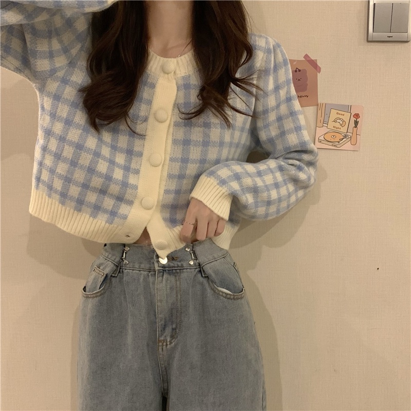 Áo cardigan len nữ lông thỏ croptop Quảng châu hot tiktok douyin trending ô vuông bàn cờ phong cách Hàn Quốc Kozoda AC33