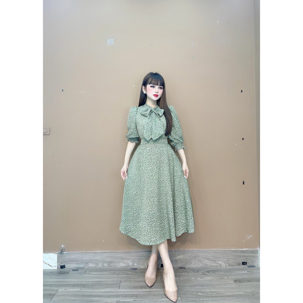 [Mã SKAMA06 giảm 8% tối đa 50K đơn 250K] Live- Váy hoa tay chun cổ buộc nơ -8523 | BigBuy360 - bigbuy360.vn