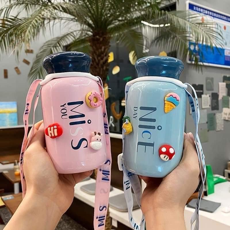 Bình đựng nước giữ nhiệt Bear, có quay xách dung tích 230 ml, bình đựng nước giữ nhiệt cute có dây đeo