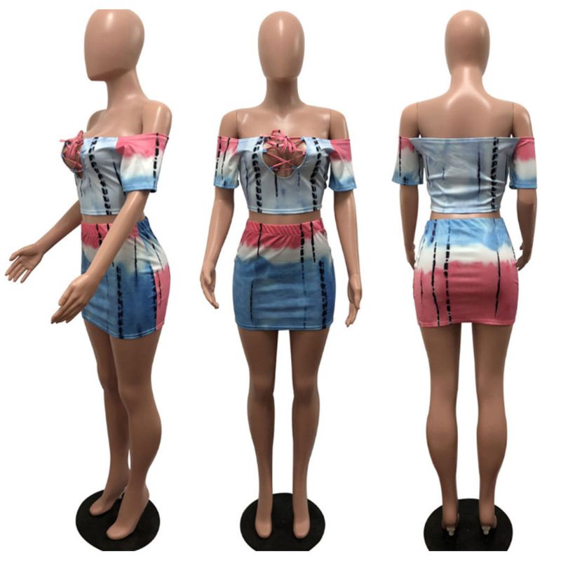 Xiangbao Bộ Trang Phục 2 Mảnh Hở Vai Phối Ren Họa Tiết Màu Nhuộm Gợi Cảm Mùa Hè Cho Nữ