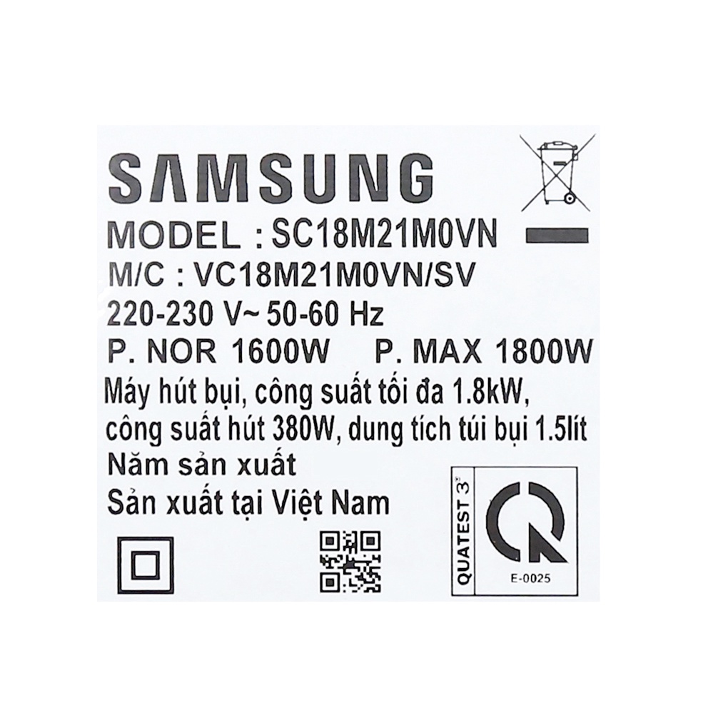 Máy hút bụi dạng hộp Samsung VC18M21M0VN/SV-N công suất hút 380W có đầu hút khe - Chính hãng BH 12 tháng