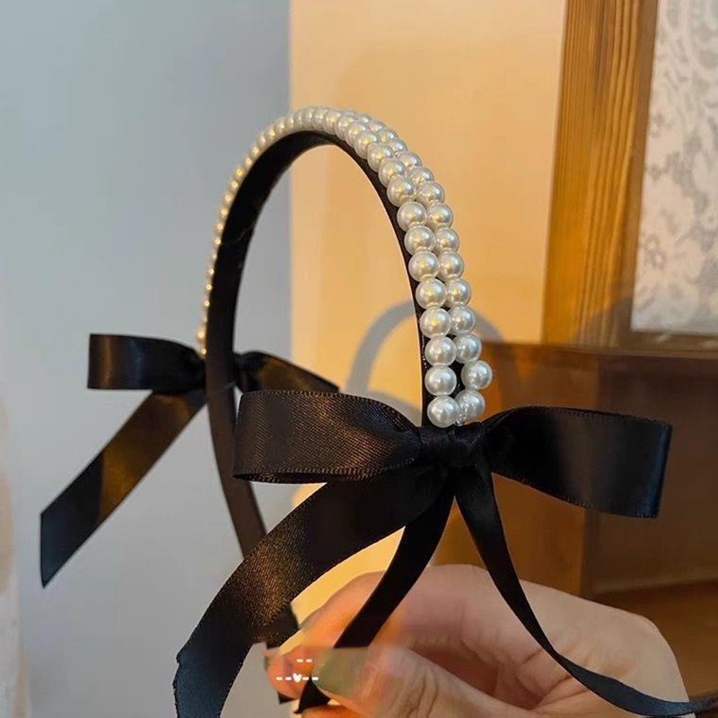 Băng Đô Nơ Đen Đính Ngọc Trai Phong Cách Hàn Quốc