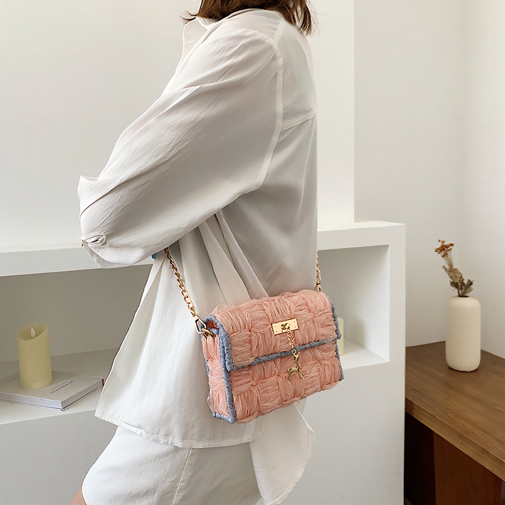 Túi len tự đan ruy băng phối viền, túi đeo chéo phong cách Hàn Quốc - Bộ phụ kiện đầy đủ LX302