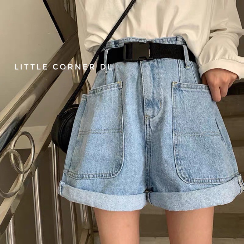 Quần short jean lưng cao phối túi kèm thắt lưng quảng châu có sẵn