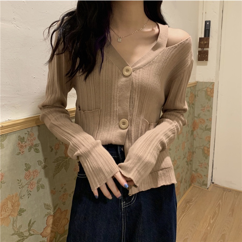 Áo cardigan ZHELIHANGFEI dệt kim tay dài cổ chữ V lưng cao phong cách phương Tây
